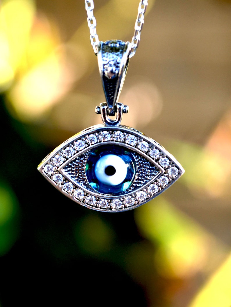 925 Sterling Silver Greek Mati Almond Shaped Evil Eye Necklace | Etsy