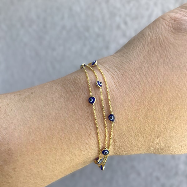 18K Gold Plated Tri Link Bracelet with Dual Sided Blue Murano Glass Evil Eyes