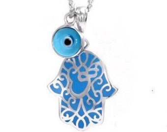 925 Sterling Silver Blue Lace Hamsa w/Evil Eye Necklace