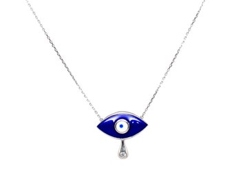 925 Sterling Silver Blue Enamel Evil Eye with Tear Necklace