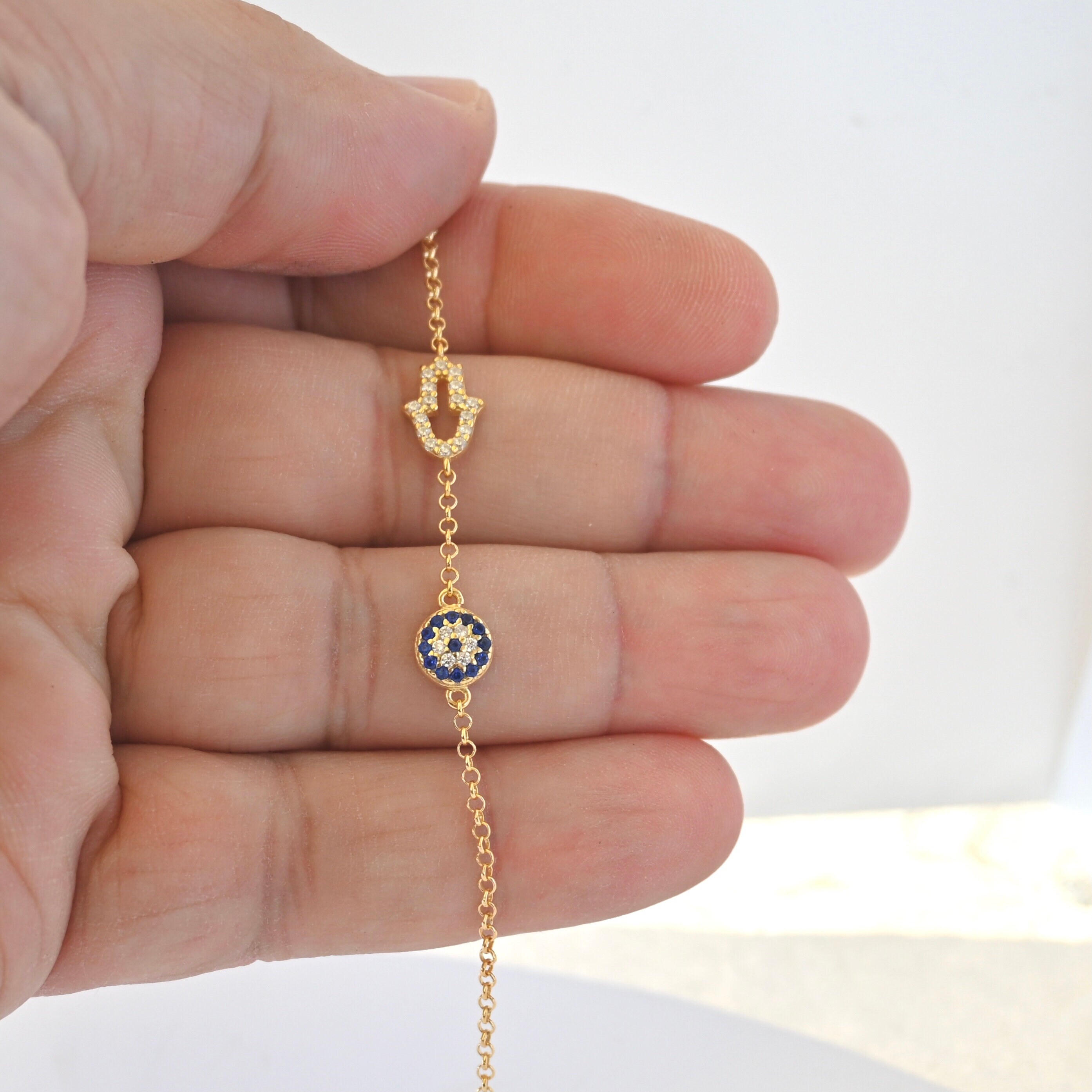 Bracelet Evil Eye Hamsa Main de Fatima micro paves ronds plaques or 18 carats Etsy France