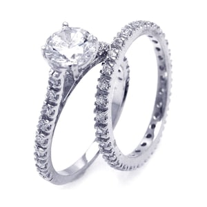 925 Sterling Silver 7mm Round Center Stone Ring Pair Set