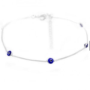 925 Sterling Silver Anklet with Blue Evil Eyes