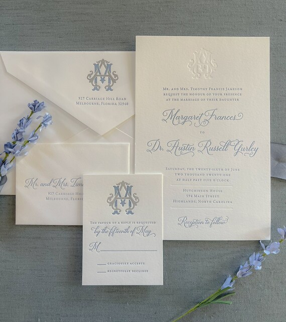 Grand Victorian Monogram letterpress wedding invitation suite in gray and dusty blue sample