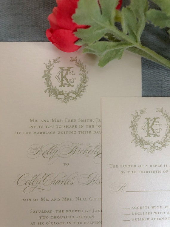 Victorian Magnolia Wreath Gold Thermography Wedding Invitation Etsy
