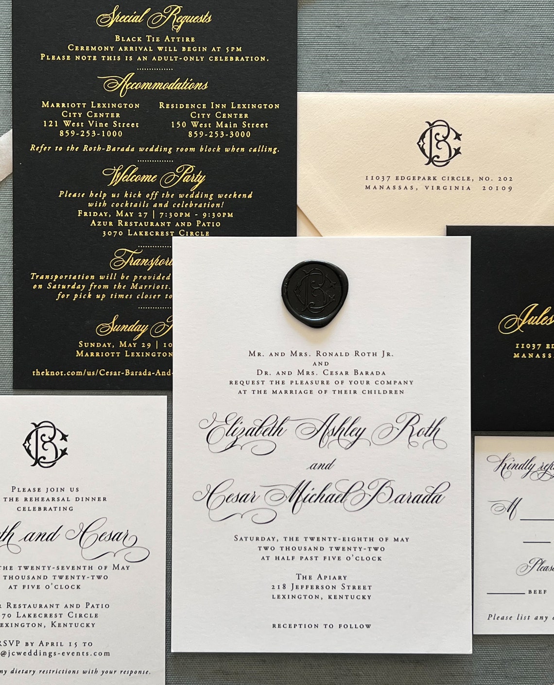 Elizabeth thermography wedding invitation suite in black image 1