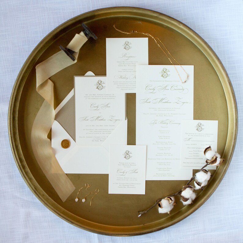 Victorian Monogram gold thermography wedding invitations Etsy