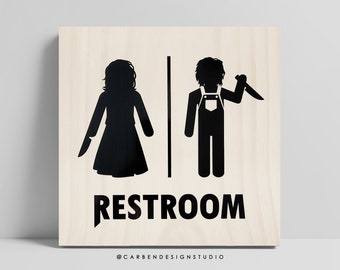 Chucky and His Bride Restroom Sign. Chucky and Tiffany. Child's play restroom. Chucky Bathroom. Bride of chucky. Horror Sign. Horror decor.