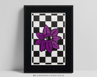 Eye Flower Foil Print. Checkerboard Print. Horror Print. Creepy Decor. Flower Print