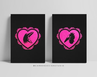 Pink Barbara and Adam Heart Foil Print. Beetlejuice Foil Print.  Horror Print. The Maitlands. Horror Decor. Horror Cameo Print. Gothic Art