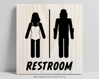 Creature and Kay Restroom Sign. Creature Sign. Creature from the Black Lagoon. Bathroom Sign. Restroom Sign. Monster Bathroom.