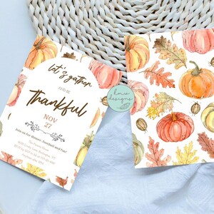 May include: Two fall-themed invitation cards. One card features the text "Let's gather and be thankful" with the date November 27. The other card has a pattern of pumpkins and autumn leaves in shades of orange, yellow, and brown.