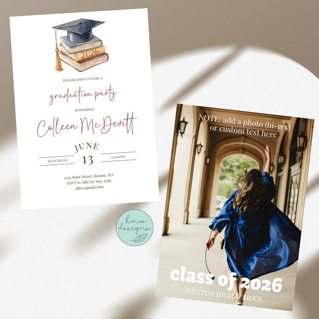 Graduation Cap and Gown Party Invitation, Graduate Photo Announcement ...