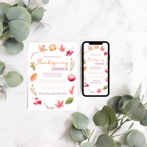 May include: Thanksgiving dinner invitation with watercolor illustrations of fall leaves, a pumpkin, and an apple. The invitation is displayed on a white card and a smartphone, with text that reads "Thanksgiving Dinner".