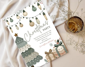 May include: A Christmas Party invitation with a festive design. The invitation features a Christmas tree, string lights, and gift boxes. The text reads "Christmas Party" and includes event details.