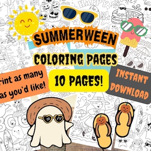 以下が含まれることがあります： ビーチとハロウィーンをテーマにしたイラストが描かれた「Summerween」ぬりえのコレクション。画像には「Summerween Coloring Pages」、「10 Pages」、「Instant Download」という文字が含まれています。笑顔の太陽、カボチャ、幽霊の画像もあります。