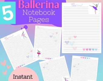 Ballerina Notebook Pages, Digital Download Instant Ballet Dancer Notes, Ballet Printable Notebook Paper, Writing Papers, Ballet Dance Gift