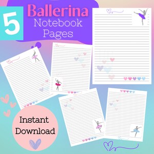 Ballerina Notizbuch Seiten, digitaler Download Ballett Tänzerin Notizen, Ballett druckbares Notizbuch Papier, Schreibpapiere, Ballett Tanz Geschenk