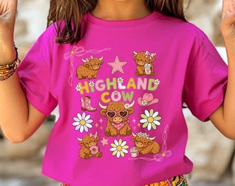Highland Cow Shirt Girls Floral Cow Shirt Kids Funny Highland Cow Tee Pastel Flower Shirt Daisy Shirt Coquette Bow Shirt Western Cow Shirt