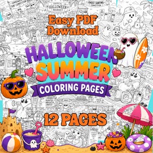 以下が含まれることがあります： ハロウィーンと夏をテーマにした12ページの塗り絵セット。表紙には、幽霊、ジャック・オー・ランタン、ビーチパラソル、砂の城、バケツが描かれており、Easy PDF Download Halloween Summerというテキストが表示されています。