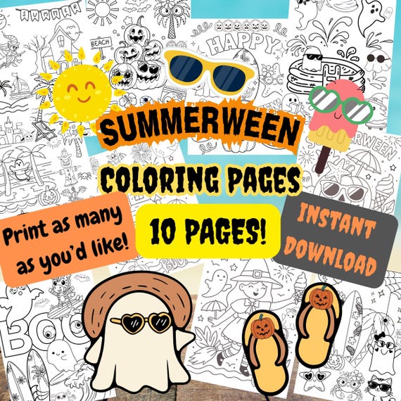 Summerween Coloring Pages Halloween Coloring Pages For Kids Coloring Printable Summer Halloween Coloring Sheets Beach Ghosts Pumpkins Surfer