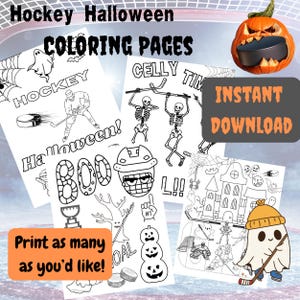 May include: Black and white coloring pages featuring hockey players, ghosts, skeletons, and pumpkins. The text "Hockey Halloween Coloring Pages" and "Instant Download" is included in the image.