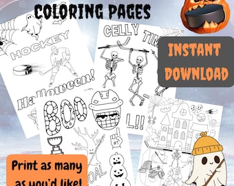 Hockey Halloween Coloring Pages, Hockey Tournament Activity, Halloween Printable, Hockey Coloring Instant Download Halloween Skeleton Celly