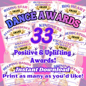 Può includere: Una collezione di 33 premi di danza con titoli come "Rising Star" e "Big Heart". I premi presentano un design a trofeo dorato, sagome di ballerini e la scritta "Dance Awards". Sono visibili anche le parole "Positive & Uplifting Awards!" e "Instant Download".