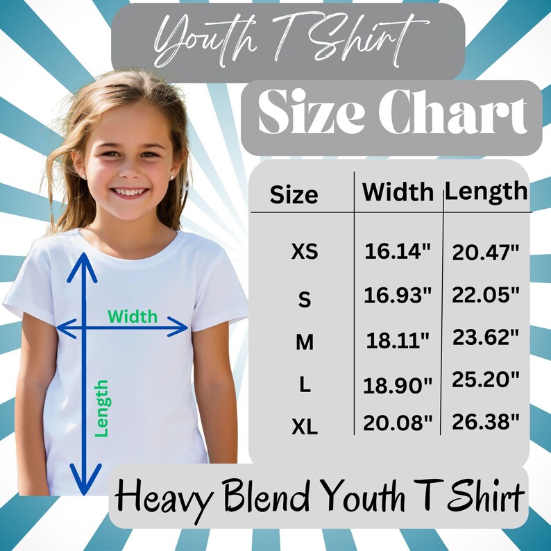 May include: A young girl wearing a white t-shirt, with a size chart for youth t-shirts. The chart shows sizes XS to XL, with width and length measurements in inches. The text "Youth T Shirt" and "Heavy Blend Youth T Shirt" are also visible.