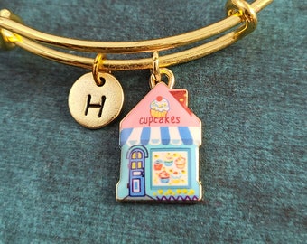 Cupcake Shop Bangle Bracelet Bakery Bracelet Cupcake Bracelet Baking Jewelry Charm Bracelet Pendant Bracelet Personalized Initial Baker Gift