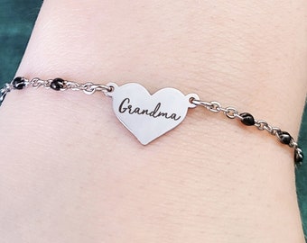 Grandma Bracelet Heart Bracelet Black Bead Link Bracelet Heart Charm Bracelet Mother's Day Bracelet Grandma Gift Personalized Name Bracelet