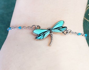 Dragonfly Bracelet Bead Link Bracelet Blue Dragonfly Charm Bracelet Dragonfly Pendant Bracelet Womens Jewelry Dragonfly Jewelry Gift for Her
