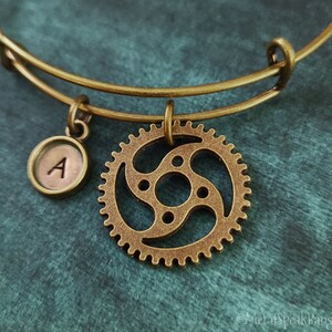 Gear Bracelet Steampunk Cog Bangle Steampunk Bracelet Bronze Initial Charm Bracelet Expandable Bracelet Adjustable Bangle Personalized Gift