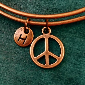 Peace Sign Bracelet Peace Sign Bangle Hippie Bracelet Copper Initial Charm Bracelet Expandable Bracelet Adjustable Bangle Personalized Gift