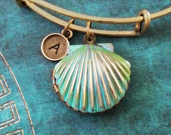 Clam Bangle Clam Bracelet Patina Bracelet Patina Clam Locket Bracelet Stackable Bangle Charm Bracelet Adjustable Bangle Personalized Bangle