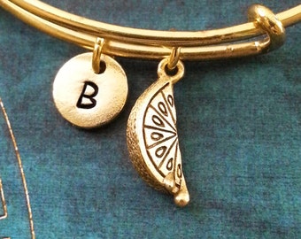 Lemon Bangle Bracelet Gold Lemon Slice Bracelet Lemon Wedge Charm Bracelet Stackable Bangle Adjustable Bangle Personalized Bangle Expandable