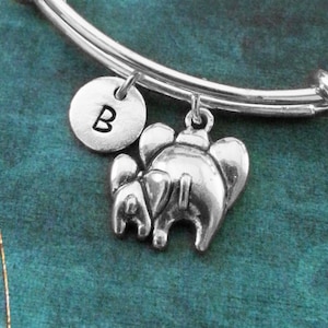 May include: Silver charm bracelet with a letter 'B' charm and a charm of two elephants. The bracelet is on a teal background.