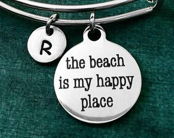 The Beach is my Happy Place Bracelet Beach Bracelet Beach Bangle Pendant Bracelet Initial Bracelet Charm Bracelet Expandable Personalized