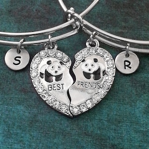 May include: Two silver charm bracelets with a broken heart charm featuring panda bears and the words "Best Friends". The charms are adorned with rhinestones. The bracelets have initial charms with the letters "S" and "R".