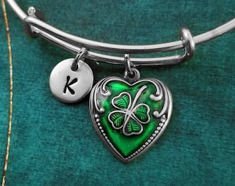 Clover Bangle Bracelet Four Leaf Clover Bracelet St Patrick's Day Bracelet Green Heart Bracelet Irish Bracelet Irish Jewelry Good Luck Gift