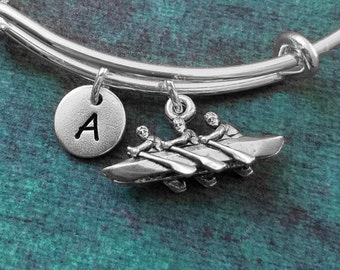 Row Boat Bangle Row Boat Bracelet Rowing Team Jewelry Rowing Gift Initial Charm Bracelet Stackable Bangle Adjustable Bangle Personalized