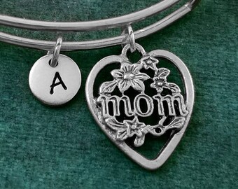 Mom Bracelet Mom Bangle Heart Bracelet Mom Jewelry Mother Charm Bracelet Stackable Bangle Adjustable Bangle Personalized Initial Bracelet