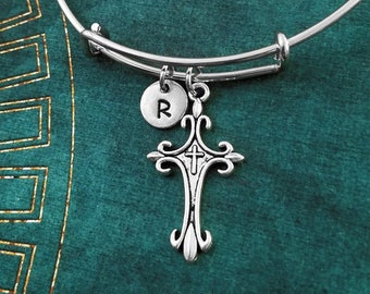 Cross Bangle Bracelet Cross Bracelet Christian Bracelet Charm Bracelet Pendant Bracelet Personalized Bracelet Initial Bracelet Adjustable