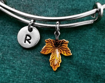 Maple Leaf Bracelet Orange Leaf Bangle Leaf Charm Bracelet Autumn Bracelet Autumn Jewelry Fall Jewelry Personalized Initial Bracelet Gift