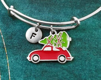 Christmas Tree Bracelet Christmas Car Christmas Bracelet Stocking Stuffer Adjustable Bangle Christmas Gift Personalized Initial Bracelet