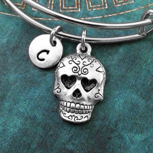 Sugar Skull Bangle Silver Sugar Skull Bracelet Calavera Bracelet Stackable Bangles Adjustable Bangle Expandable Bangle Personalized Bangle image 1