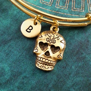 Sugar Skull Bangle Gold Sugar Skull Bracelet Calavera Bracelet Stackable Bangles Adjustable Bangle Expandable Bangle Personalized Bangle