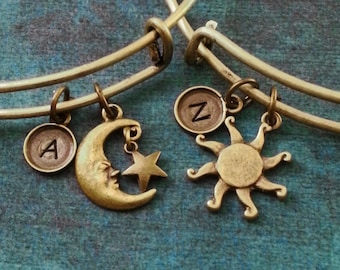 Sun Bangle Sun Bracelet SET Moon Bangle Moon Bracelet Sun and Moon Bronze Bangle 2 Friendship Bracelets Best Friends Personalized Expandable