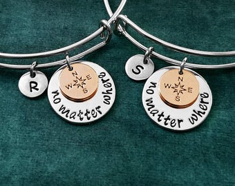 No Matter Where Bracelet SET of 2 Bangles Compass Bracelets Long Distance Relationship Charm Bracelet Best Friends Gift Personalized Bangle