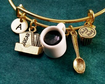 Coffee Bracelet Cup of Coffee Bangle Spoon Bracelet Coffee Jewelry Cream and Sugar Pendant Bracelet Personalized Initial Bracelet Gift